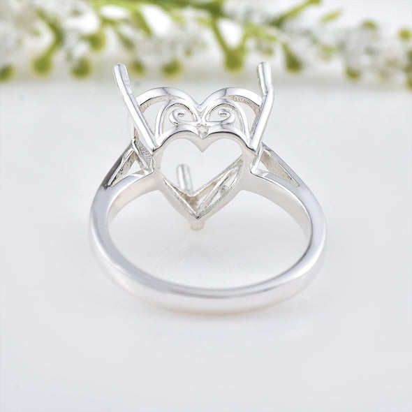 925 Sterling Silver 12x12MM Heart Shape Prong Setting Semi-Mount Ring