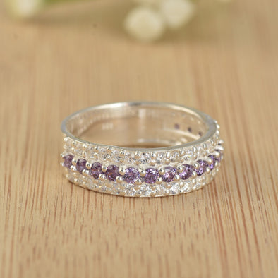 925 Sterling Silver Band Ring with 2x2MM Round Amethyst and White CZ Accents