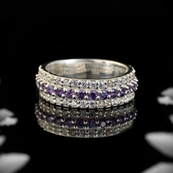 925 Sterling Silver Band Ring with 2x2MM Round Amethyst and White CZ Accents