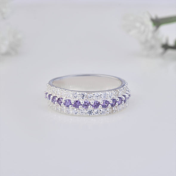 925 Sterling Silver Band Ring with 2x2MM Round Amethyst and White CZ Accents