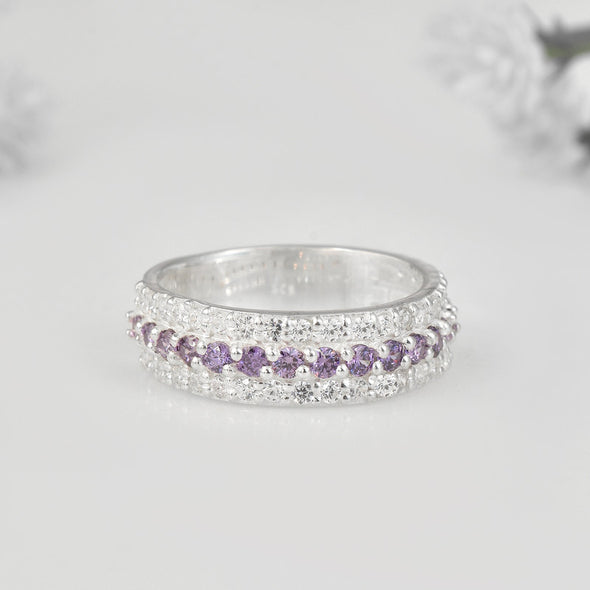 925 Sterling Silver Band Ring with 2x2MM Round Amethyst and White CZ Accents