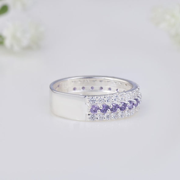 925 Sterling Silver Band Ring with 2x2MM Round Amethyst and White CZ Accents
