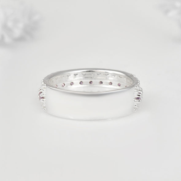 925 Sterling Silver Band Ring with 2x2MM Round Amethyst and White CZ Accents
