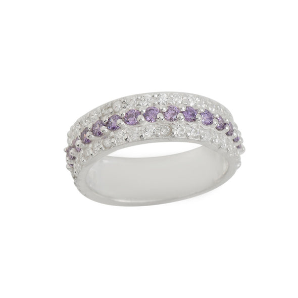925 Sterling Silver Band Ring with 2x2MM Round Amethyst and White CZ Accents