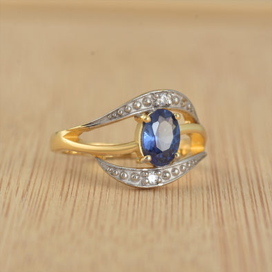 7x5MM Oval Lab-Created Tanzanite CZ Accents 925 Sterling Silver Yellow Plated Ring
