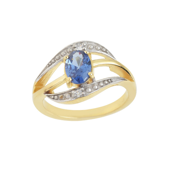 7x5MM Oval Lab-Created Tanzanite CZ Accents 925 Sterling Silver Yellow Plated Ring