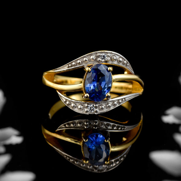7x5MM Oval Lab-Created Tanzanite CZ Accents 925 Sterling Silver Yellow Plated Ring
