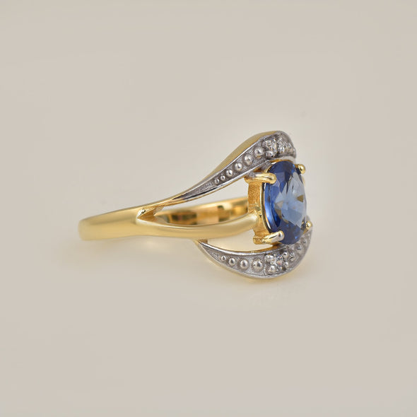 7x5MM Oval Lab-Created Tanzanite CZ Accents 925 Sterling Silver Yellow Plated Ring