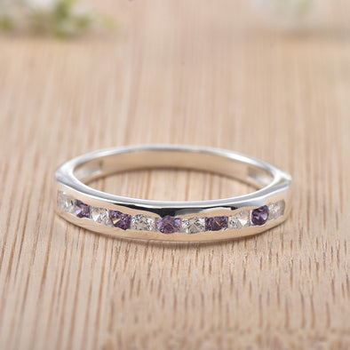 2x2MM Round Amethyst & White CZ Stones 925 Sterling Silver Eternity Band Ring