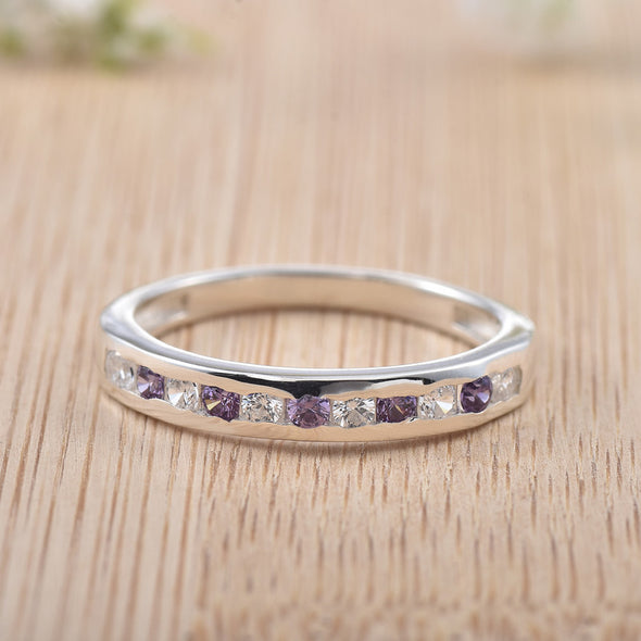 2x2MM Round Amethyst & White CZ Stones 925 Sterling Silver Eternity Band Ring