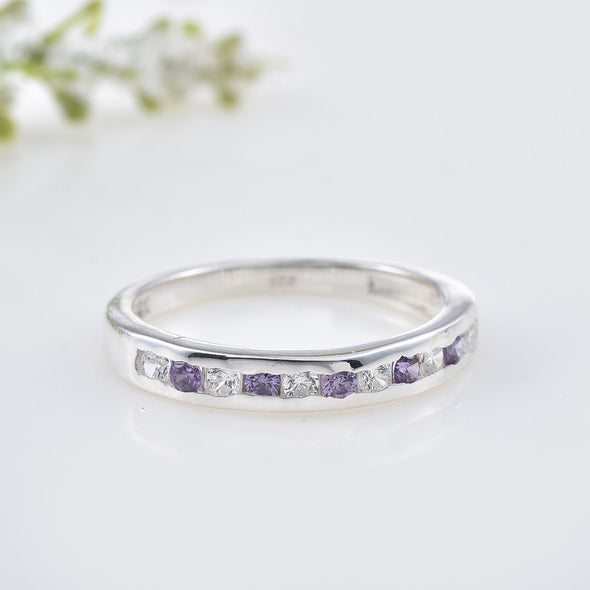 2x2MM Round Amethyst & White CZ Stones 925 Sterling Silver Eternity Band Ring