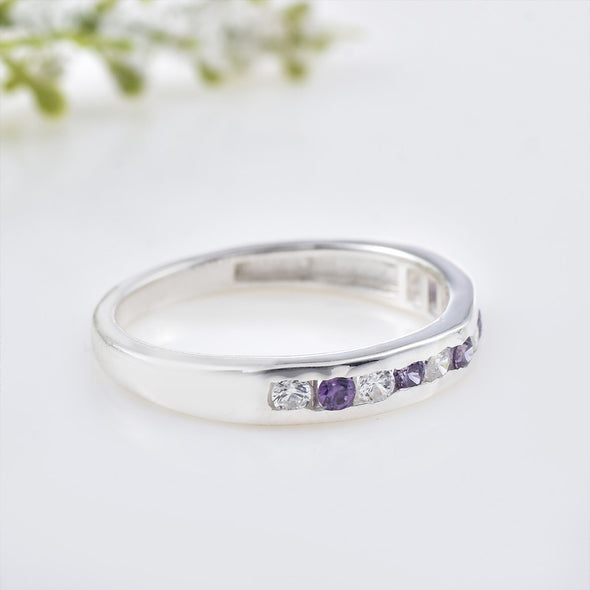 2x2MM Round Amethyst & White CZ Stones 925 Sterling Silver Eternity Band Ring