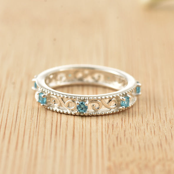 2x2MM Round Aquamarine Stone 925 Sterling Silver Filigree Eternity Band Ring