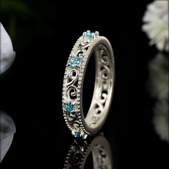2x2MM Round Aquamarine Stone 925 Sterling Silver Filigree Eternity Band Ring