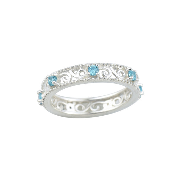 2x2MM Round Aquamarine Stone 925 Sterling Silver Filigree Eternity Band Ring