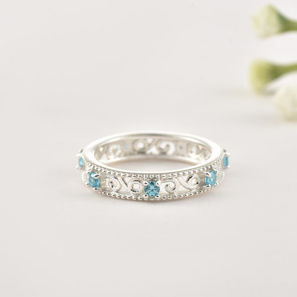 2x2MM Round Aquamarine Stone 925 Sterling Silver Filigree Eternity Band Ring