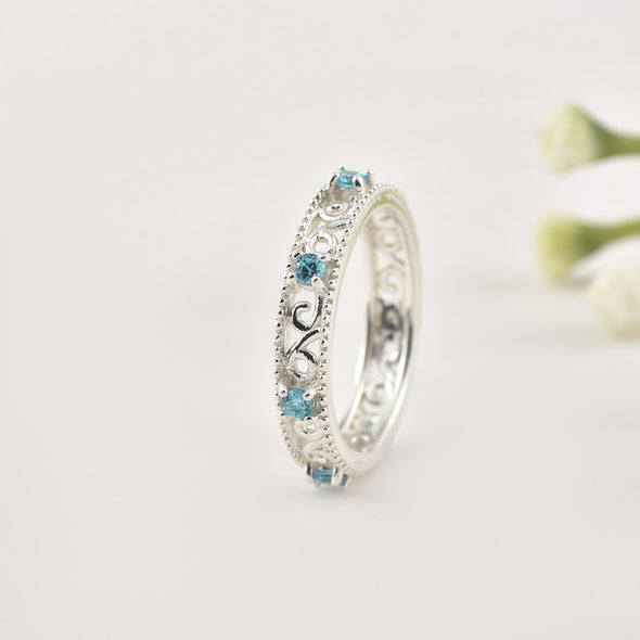 2x2MM Round Aquamarine Stone 925 Sterling Silver Filigree Eternity Band Ring