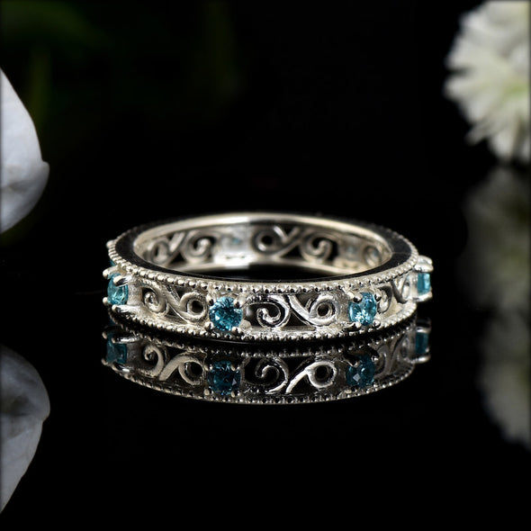 2x2MM Round Aquamarine Stone 925 Sterling Silver Filigree Eternity Band Ring