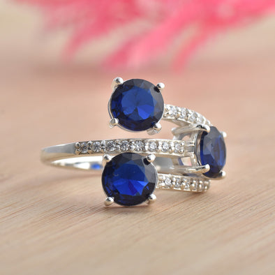 925 Sterling Silver 7x7MM Round Lab-Created Blue Sapphire Three-Stone Ring