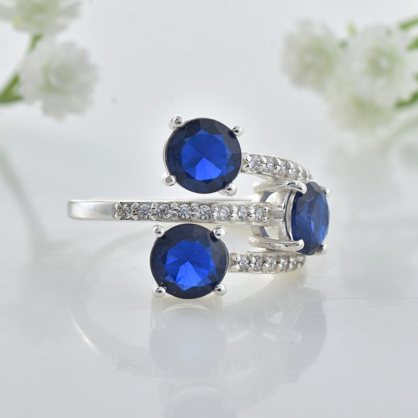 925 Sterling Silver 7x7MM Round Lab-Created Blue Sapphire Three-Stone Ring