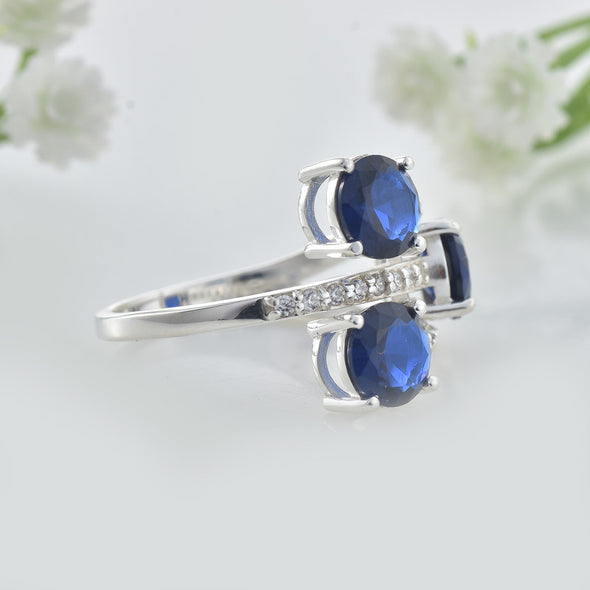 925 Sterling Silver 7x7MM Round Lab-Created Blue Sapphire Three-Stone Ring