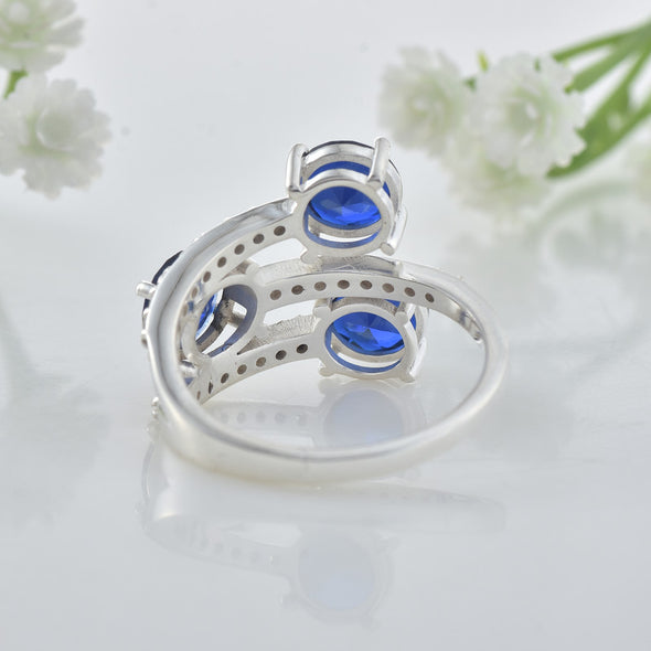 925 Sterling Silver 7x7MM Round Lab-Created Blue Sapphire Three-Stone Ring