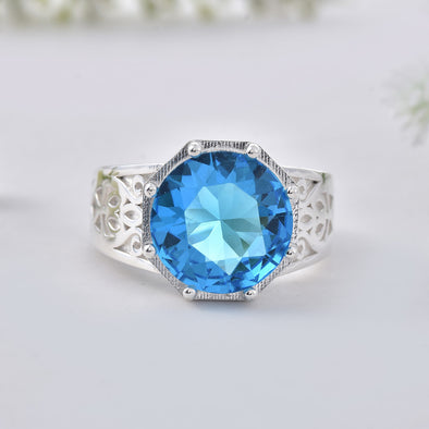 12x12MM Round Swiss Blue Topaz 925 Sterling Silver Filigree Ring