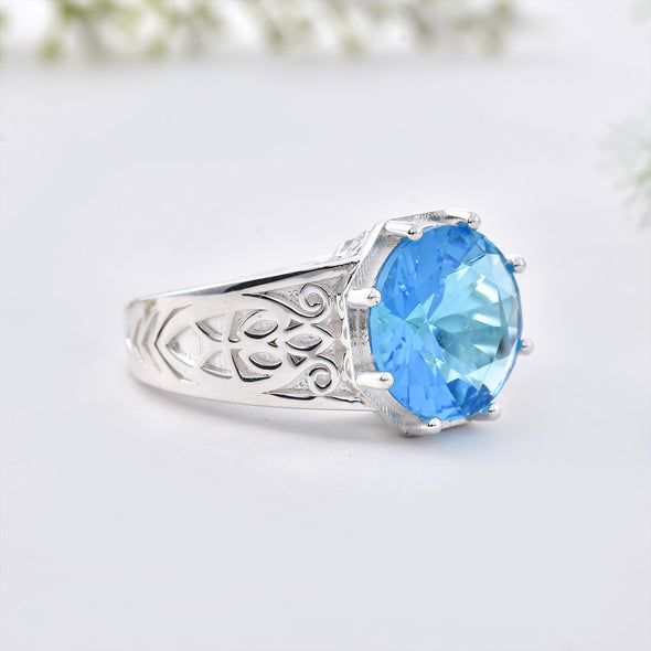 12x12MM Round Swiss Blue Topaz 925 Sterling Silver Filigree Ring