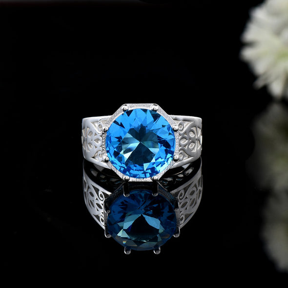 12x12MM Round Swiss Blue Topaz 925 Sterling Silver Filigree Ring