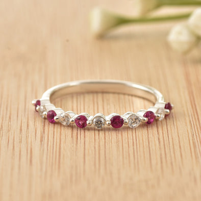 925 Sterling Silver 2x2MM Round Ruby & White Topaz Eternity Band Ring