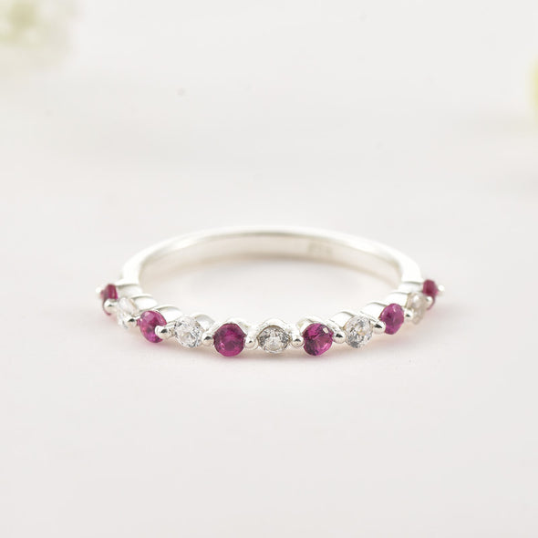 925 Sterling Silver 2x2MM Round Ruby & White Topaz Eternity Band Ring