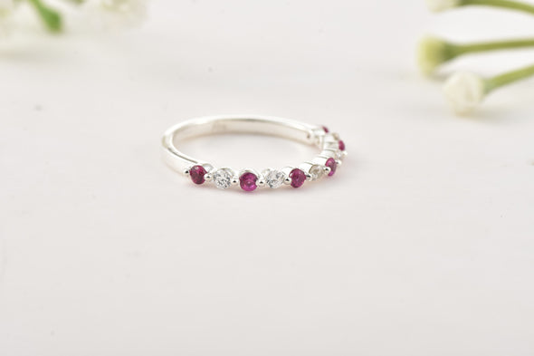 925 Sterling Silver 2x2MM Round Ruby & White Topaz Eternity Band Ring