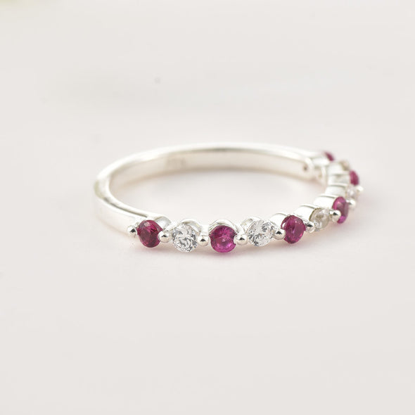 925 Sterling Silver 2x2MM Round Ruby & White Topaz Eternity Band Ring