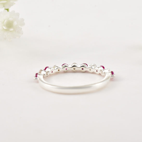 925 Sterling Silver 2x2MM Round Ruby & White Topaz Eternity Band Ring