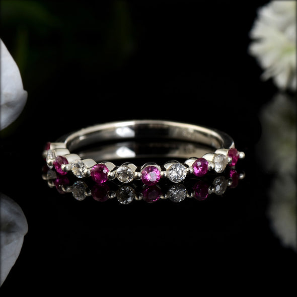 925 Sterling Silver 2x2MM Round Ruby & White Topaz Eternity Band Ring