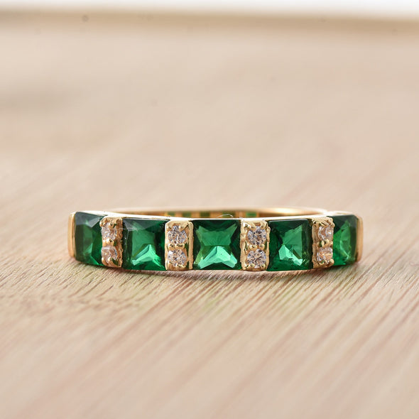 925 Sterling Silver Gold-Plated 4x4MM Square Cut Emerald & White Topaz Ring