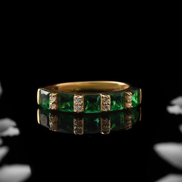 925 Sterling Silver Gold-Plated 4x4MM Square Cut Emerald & White Topaz Ring