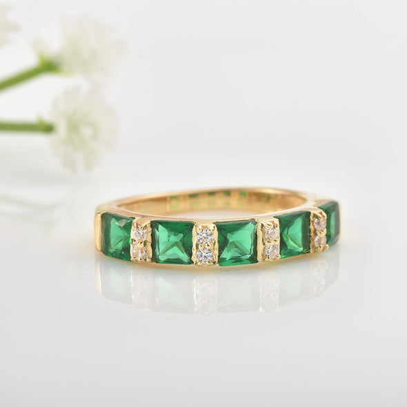 925 Sterling Silver Gold-Plated 4x4MM Square Cut Emerald & White Topaz Ring