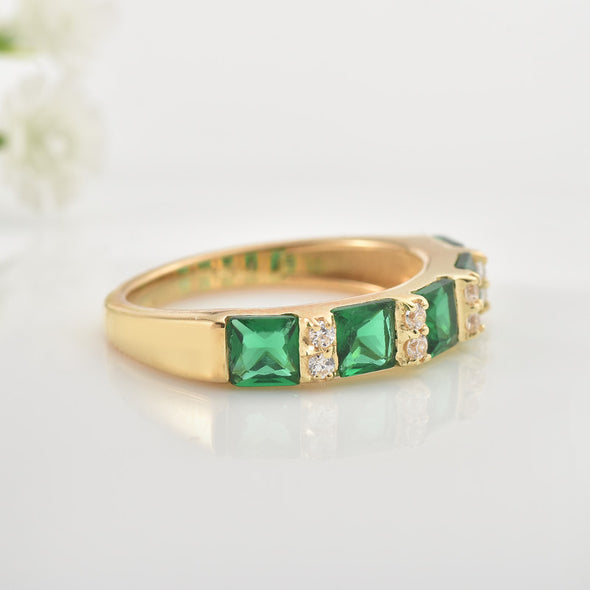 925 Sterling Silver Gold-Plated 4x4MM Square Cut Emerald & White Topaz Ring