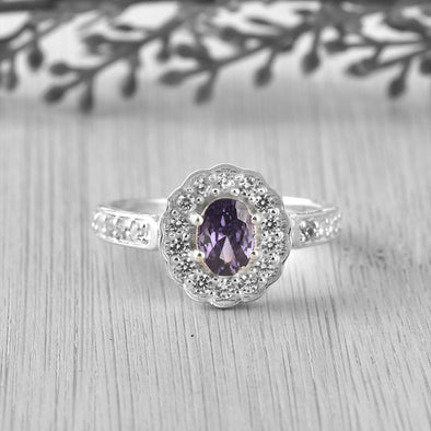 925 Sterling Silver 7x5MM Oval Amethyst with White Topaz Accents Halo Ring