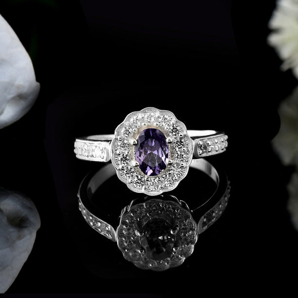 925 Sterling Silver 7x5MM Oval Amethyst with White Topaz Accents Halo Ring