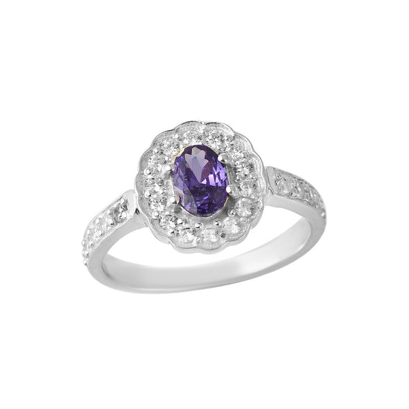 925 Sterling Silver 7x5MM Oval Amethyst with White Topaz Accents Halo Ring
