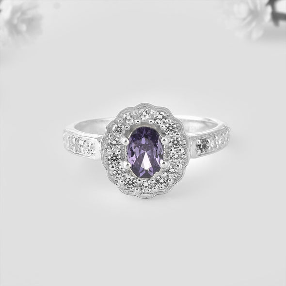 925 Sterling Silver 7x5MM Oval Amethyst with White Topaz Accents Halo Ring