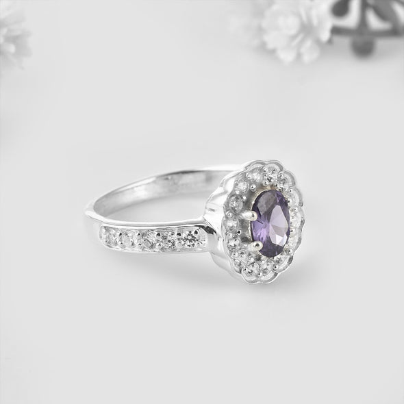 925 Sterling Silver 7x5MM Oval Amethyst with White Topaz Accents Halo Ring