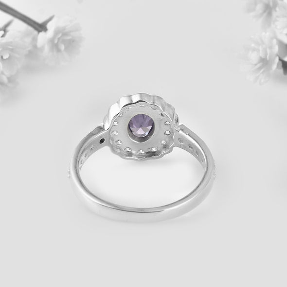 925 Sterling Silver 7x5MM Oval Amethyst with White Topaz Accents Halo Ring