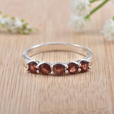 925 Sterling Silver 4x4MM Round Garnet Five Stone Eternity Band Ring