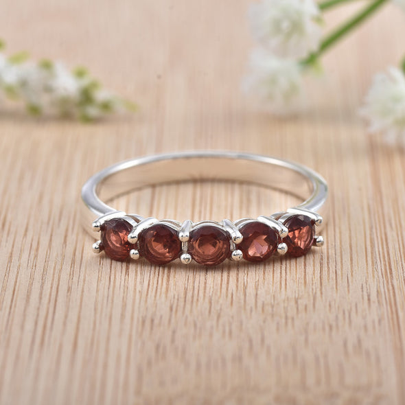 925 Sterling Silver 4x4MM Round Garnet Five Stone Eternity Band Ring