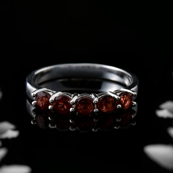 925 Sterling Silver 4x4MM Round Garnet Five Stone Eternity Band Ring