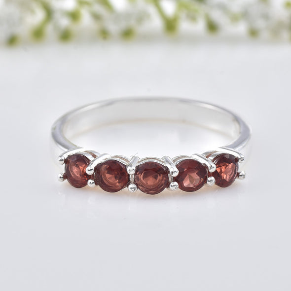 925 Sterling Silver 4x4MM Round Garnet Five Stone Eternity Band Ring