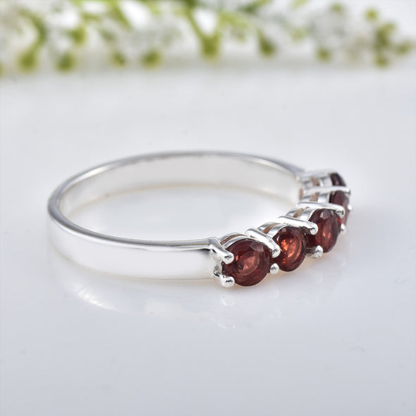 925 Sterling Silver 4x4MM Round Garnet Five Stone Eternity Band Ring